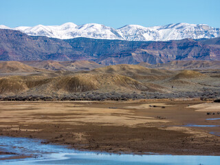 View of the snowy Bookcliffs in western Colorado after a spring storm