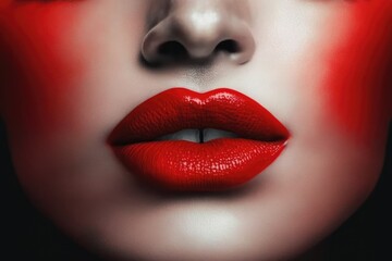 Obraz premium Close up of female lips with satin red lipstick, created using generative ai technology