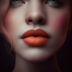 Close up of female lips with satin orange lipstick, created using generative ai technology