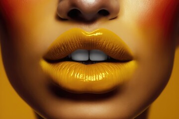 Close up of female lips with satin yellow lipstick, created using generative ai technology