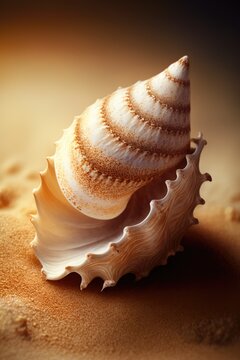 Close up of seashell in sand, created using generative ai technology