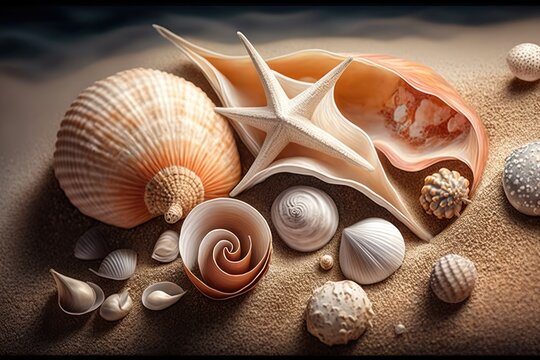 Close up of seashells in sand, created using generative ai technology