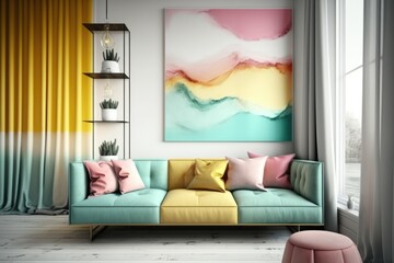 Yellow and pastel green retro sofa, cushions and painting, created using generative ai technology
