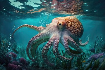 Close up of octopus swimming underwater, created using generative ai technology