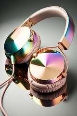 Close up of colorful headphones with wire on grey background created using generative ai technology