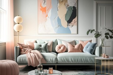 Pastel green retro sofa with cushions and painting, created using generative ai technology