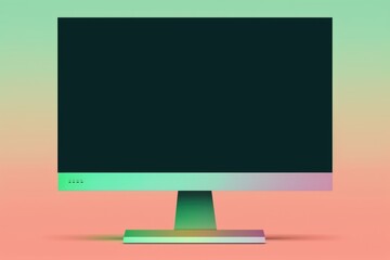 Close up of computer monitor with blank screen and copy space on green to pink background using generative ai technology