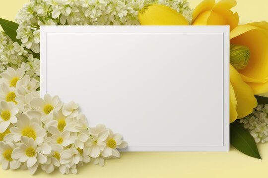 White card with copy space and flowers, created using generative ai technology
