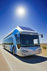 Solar powered bus driving in countryside, created using generative ai technology