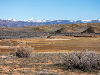 View of the snowy Bookcliffs in western Colorado after a spring storm