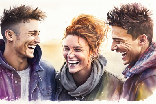 Watercolour portrait of smiling female and male friends, created using generative ai technology