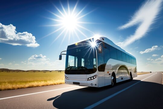 Solar powered bus driving in countryside, created using generative ai technology