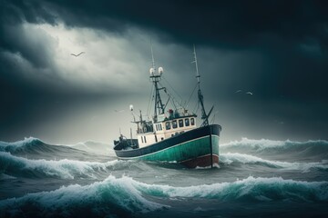 Image of fish cutter on sea and seagulls over dark clouds, created using generative ai technology