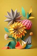 Colourful origami paper flowers on orange background, created using generative ai technology