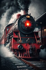 Obraz premium Black steam train on tracks over dark clouds, created using generative ai technology