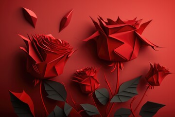 Image of red origami paper roses on red background, created using generative ai technology