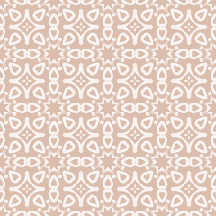 Fototapeta premium Seamless pattern with geometric line brush stroke shapes and line in nude colors. Minimalist Boho Printable in pastel color. Vector Aesthetic background with petals.