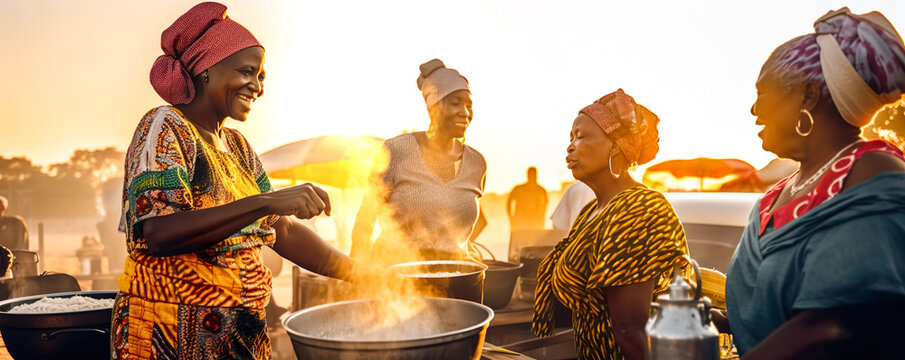 Senor african women cooking at local food market wearing traditional clothes - Ethnic concept - Created with generative AI technology