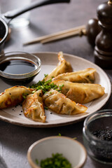 Fried dumplings gyoza stuffed with vegetables, with soy sauce and chopsticks, top view. Dark background.