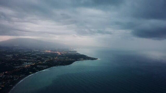 Bird's eye view of the Andalucia coast in Spain on a cloudy day
