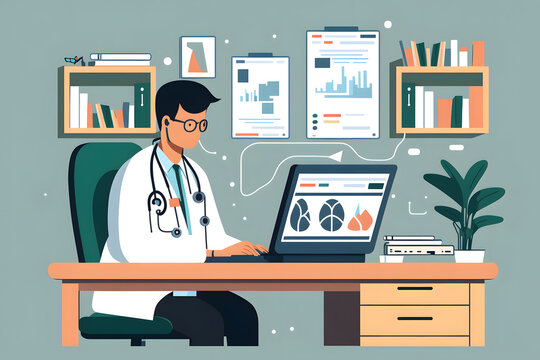 Stethoscope and background doctor using laptop at desk in clinic working on computer at room office made with Generative AI