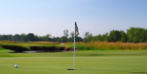 Obraz premium Selective focus on golf course with beautiful green field against blurry background. Generative AI