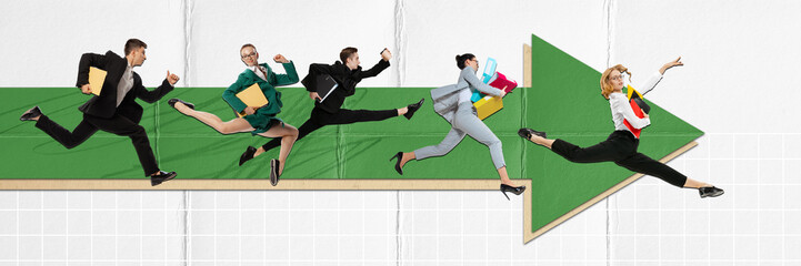Ambitious and hard-working employees in formal wear running forward on green arrow. Way to success...