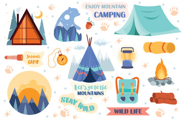 Fototapeta Camping, Hiking, Adventure letterings, symbols set concept in the flat cartoon design. Pictures and inscriptions that motivate and encourage camping trips. Vector illustration. obraz