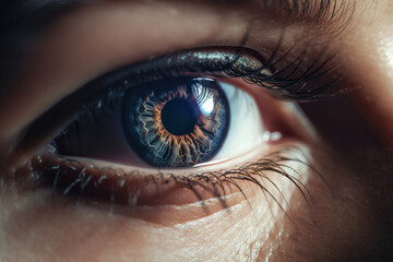 Naklejka premium Female eye, blue retina and eyelashes close-up. Macro of one human right eye. Generative AI
