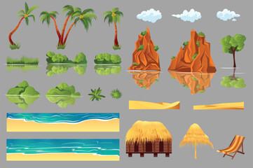 Fototapeta Set of beach concept in the flat cartoon design on a grey background. Image of parts of the nature of beaches near the sea. Vector illustration. obraz