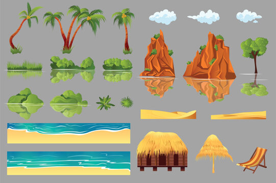 Set of beach concept in the flat cartoon design on a grey background. Image of parts of the nature of beaches near the sea. Vector illustration.