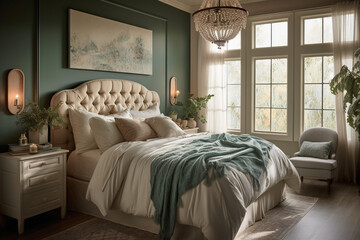 Image of a georgeous and luxurious bedroom. Has an interesting decoration and a great setting out. Equipped with a queen size bed. Morning sunlight enters the room through the large windows.