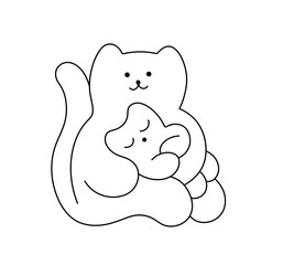Vector isolated cutecartoon cat with sleeping kitten  colorless black and white contour line easy drawing