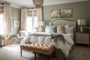 Image of a georgeous and luxurious bedroom. Has an interesting decoration and a great setting out. Equipped with a queen size bed. Morning sunlight enters the room through the large windows.