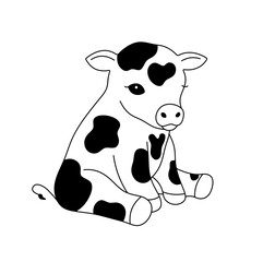 Vector isolated one single sitting little spotted calf cow  colorless black and white contour line easy drawing © MariMuz