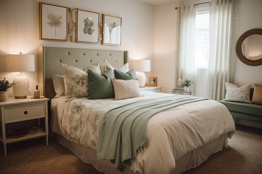 Image of a georgeous and luxurious bedroom. Has an interesting decoration and a great setting out. Equipped with a queen size bed. Morning sunlight enters the room through the large windows.