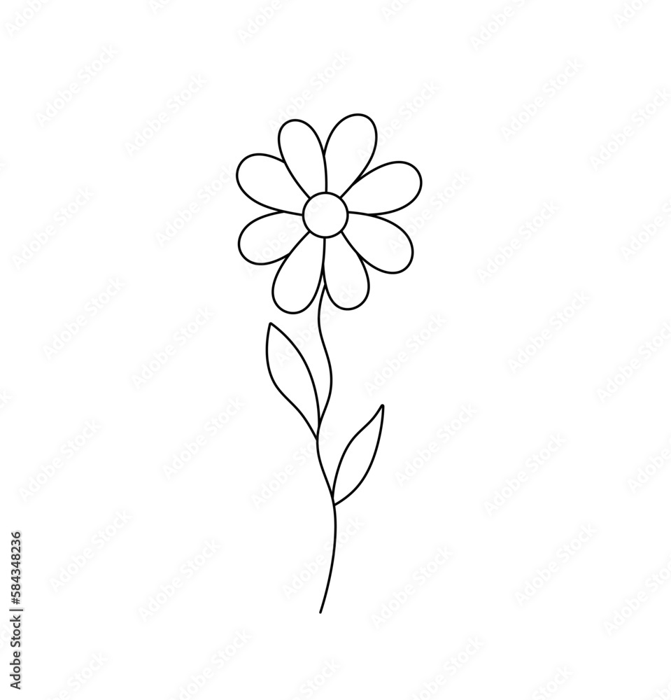 Poster vector isolated one single simplest flower with petals on a stem camomile colorless black and white 