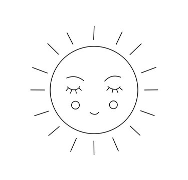 Vector isolated one single cute cartoon sun with closed eyes smile and rays colorless black and white contour line easy drawing
