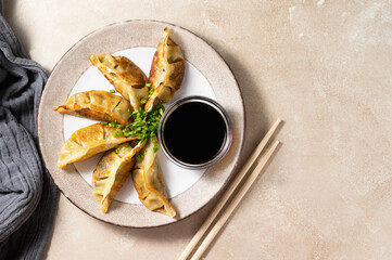 Fried dumplings gyoza with soy sauce, and chopsticks. Copy space