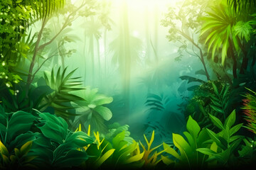 Naklejka premium A green nature background of a jungle with different kinds of plants. Created with Generative AI.