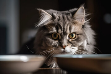 A gray cat sitting behind a table in a kitchen with plates. Created with Generative AI.