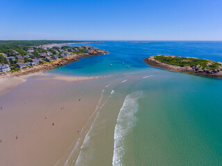 Good Harbor Beach and Salt Island aerial view in summer in Gloucester, Cape Ann, Massachusetts MA,...