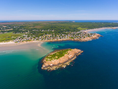 Good Harbor Beach and Salt Island aerial view in summer in Gloucester, Cape Ann, Massachusetts MA, USA.