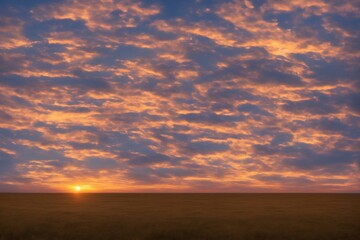 field landscape at sunset with orange clouds on sky