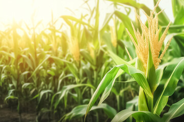 Obraz premium Corn Tree in the row in the corn farm, generative AI