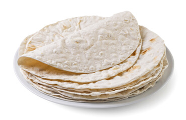 Pita bread in a plate close-up on a white background.