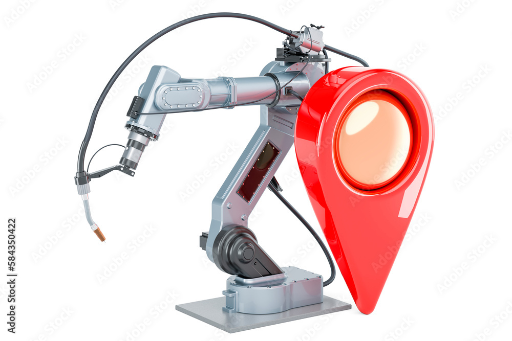 Poster robot welding with map pointer, 3d rendering