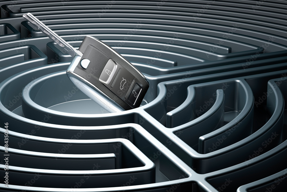Aufkleber car key with car shape metal keychain. 3d rendering
