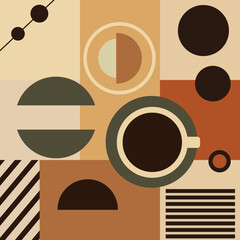 Geometric seamless coffee design pattern, with simple shapes and shapes.  Abstract vector pattern in a minimalistic style, coffee tones, for branding, packaging, paper, web banner, business, fashion. 