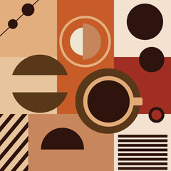 Geometric seamless coffee design pattern, with simple shapes and shapes.  Abstract vector pattern in a minimalistic style, coffee tones, for branding, packaging, paper, web banner, business, fashion. 